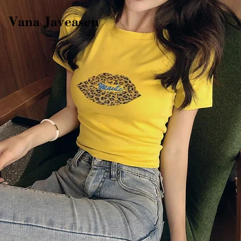 

Leopard Lips Letter Pattern Women's Short Top T-Shirt Slim O-neck Short Sleeves Women Tees Tops T Shirt Summer Clothes Harajuku