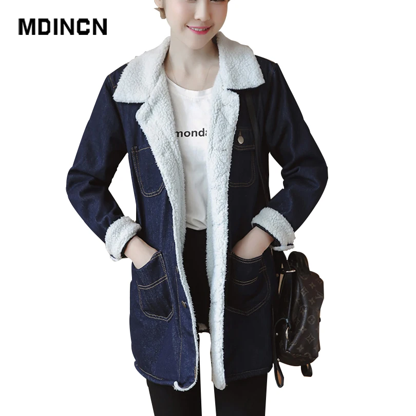 

MDINCN Winter Women Lamb Fur Parka Coat Warm Fur Denim Jacket Big Size Casual Denim Coat Thick Warm Denim Jacket For Women