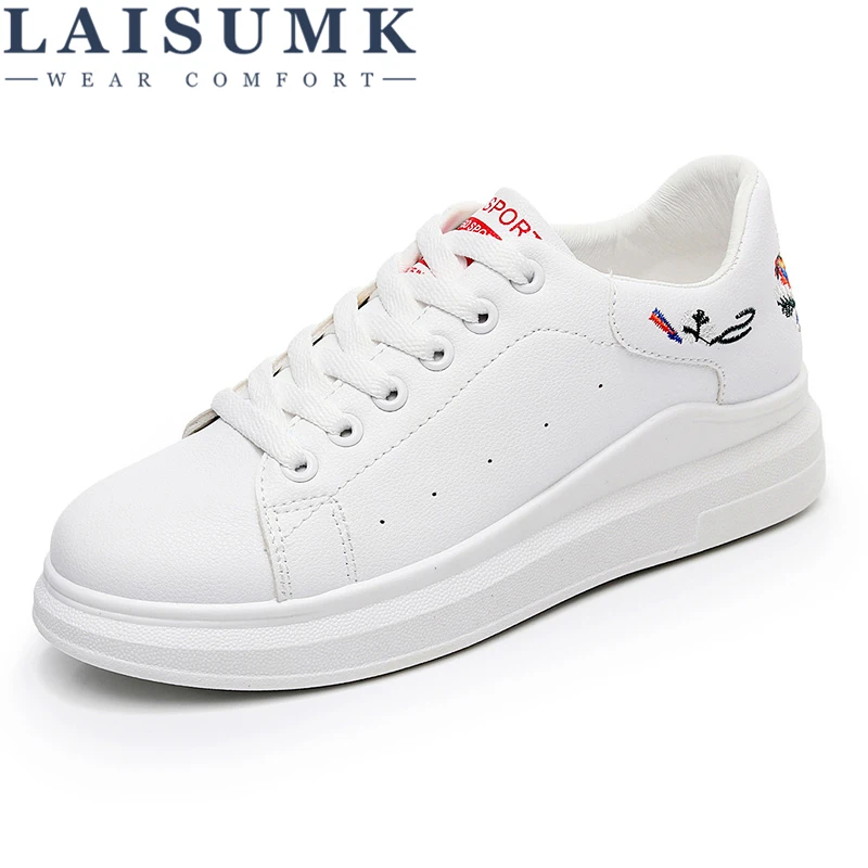 

LAISUMK Women's Casual Shoes Summer 2019 Spring Women Leather Shoes Fashion Embroidered Breathable Hollow Lace-Up Women Sneakers