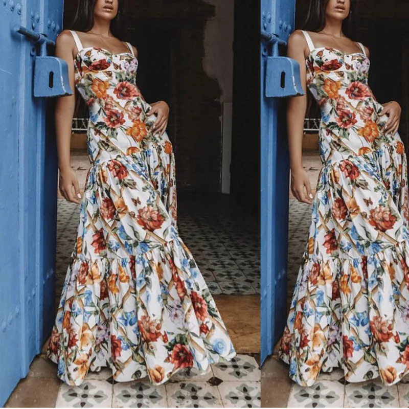 

summer sexy floral long women dress elegant elegant vestidos suspender kleider roupa feminina backless robe femme free shiping