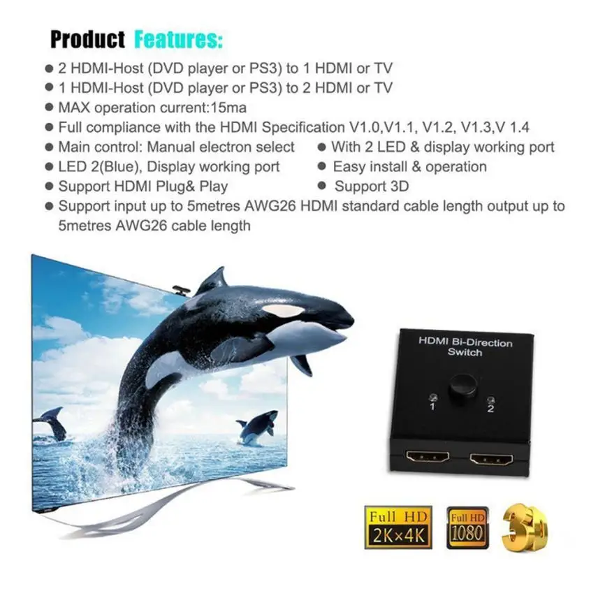 HIPERDEAL аксессуары и запчасти цифровые кабели 2 портовый HDMI двунаправленный 2x1
