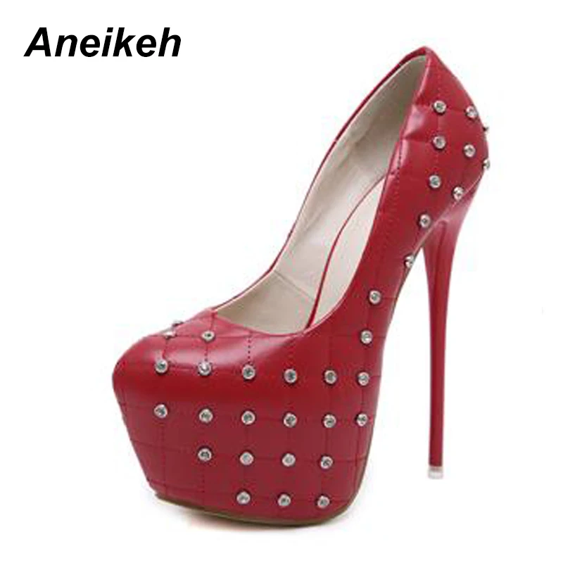 Aneikeh Spring Autumn Woman Sexy Pumps Extreme High Heels Designer Shoes Rhinestone Rivet Round Toe Platform Stiletto Shoes Aneikeh Spring Autumn Woman Sexy Pumps Extreme High Heels Designer Shoes Rhinestone Rivet Round Toe Platform Stiletto Shoes