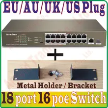 С металлическим держателем(кронштейном), Макс. PoE 135 W 18 коммутатор PoE портов с 16 PoE портами питания, 16-портовый PoE коммутатор с 1 гигабитным RJ-45