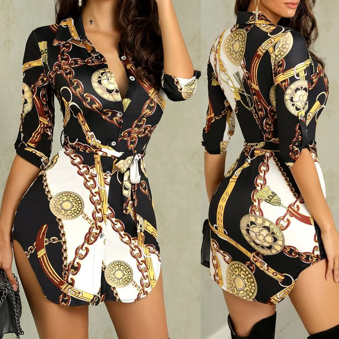 

Female Dress Style V-neck Three Quarter Woman Dress Above Knee Mini Fashi Print Patchwork Sheath Slim Sashes