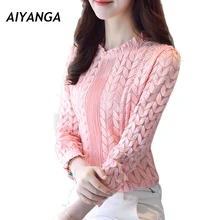 Зимние офисные женские толстые флисовые кружевные топы для женщин с длинным рукавом Пуловеры под рубашки Топ большого размера узкие Элегантная футболка