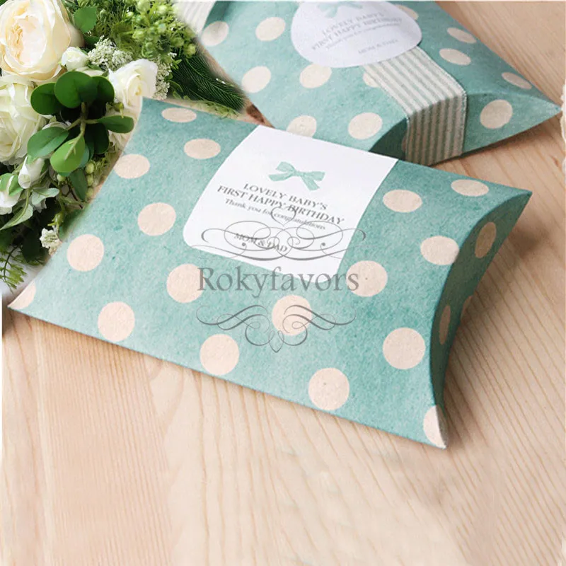 

FREE SHIPPING 50PCS Green Polk Dot Pillow Candy Boxes Wedding Favors Boxes Party Gift Package Event Table Supplies