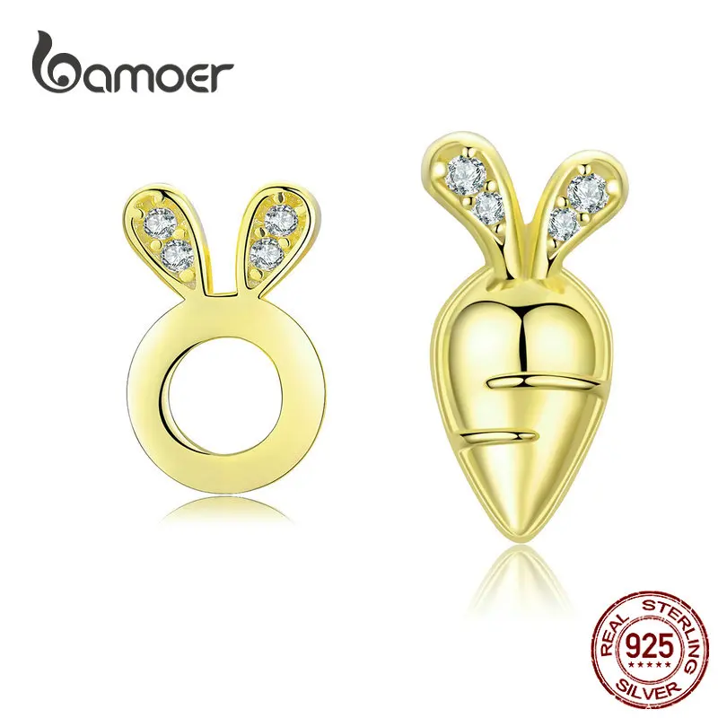 

bamoer Rabbit and Carrot Stud Earrings for Girls 925 Sterling Silver Gold Color Clear CZ Studs Jewelry Brincos 2019 New BSE198