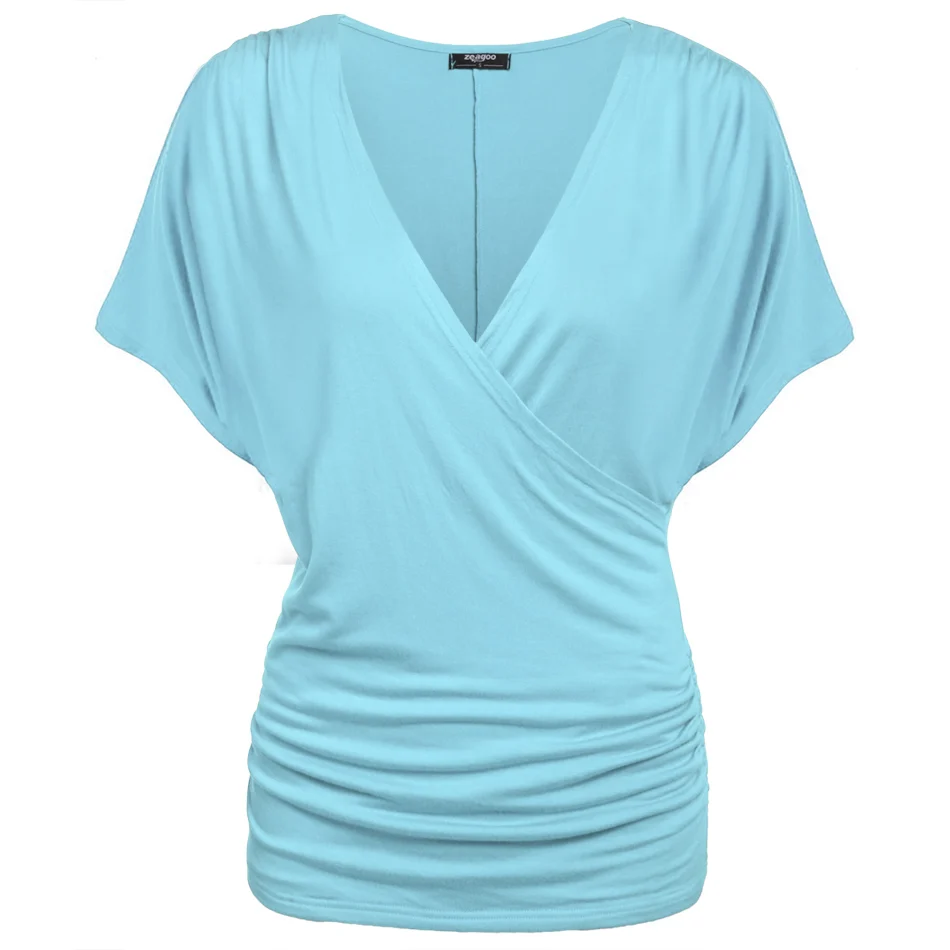 Meaneor, летняя мода, женские футболки с глубоким v-образным вырезом, женские футболки высокого качества, рукав летучая мышь, передняя складка, футболка с драпировкой, Топ - Цвет: Light Blue