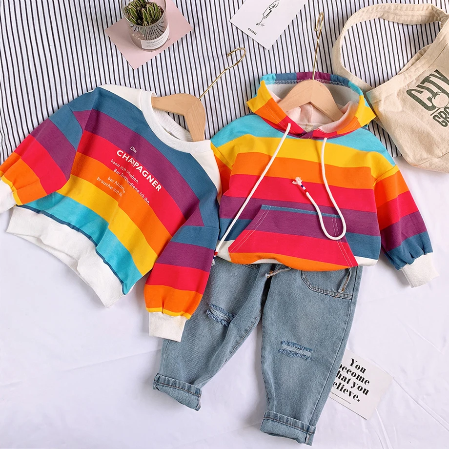 

Fashionable kid clothes cotton spring&autumn boy outwear striped rainbow color long sleeve hoodied&O-neck sweatshirt for girls