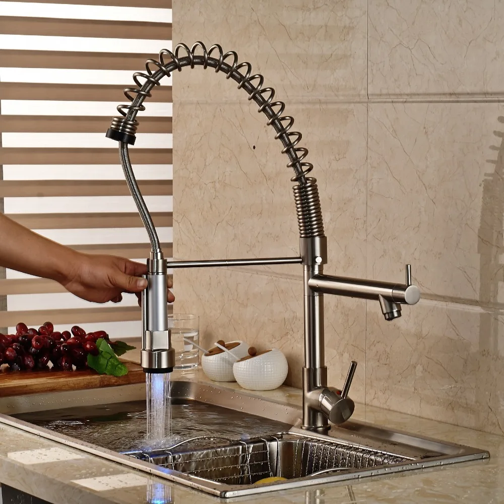 

LED Color Kitchen Swivel Spout Brushed Nickle Pull Out Spout Double Sprayer Tap