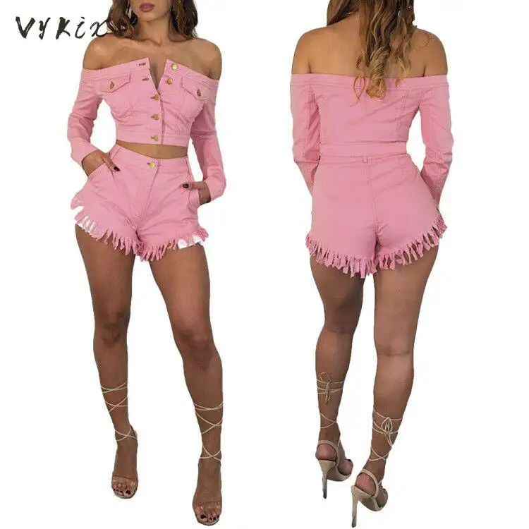 

Women Two Piece Outfits One-word Shoulder Long-sleeve Jacket Jean Short Pants Summer Outfits For Women Sexy Shorts Set 2 Piece