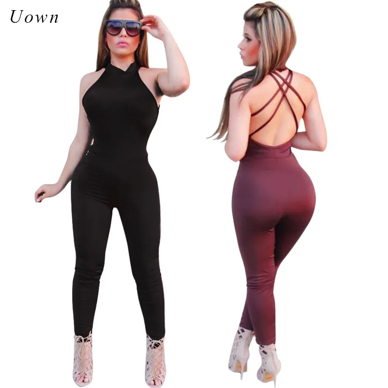 Summer Skinny Halter Jumpsuits Fitted Long Pants Romper Crisscross