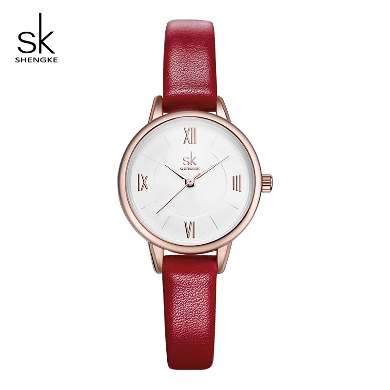 Shengke ультра тонкие серые кожаные часы женские модные наручные часы кварцевые женские часы Montre Femme Новинка Bayan Kol Saati - Цвет: red