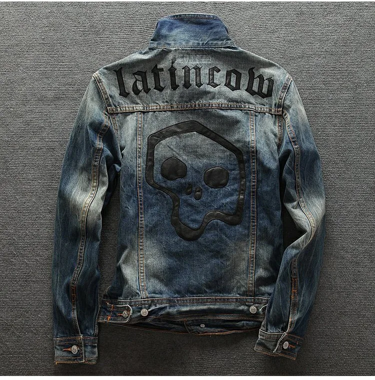 

Fashion Harajuku Frayed Rock Vintage blue denim jacket men punk sudadera hole streetwear ruched Washed Skull patchwork
