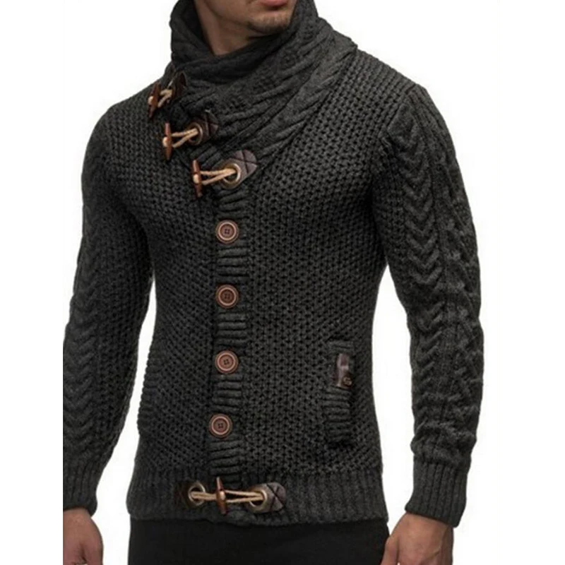 Winter Knitted Sweater men slim fit Cardigan Turtleneck Horns buckle