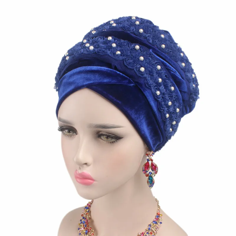 

2018 Hijab Headscarf Luxurious Head Wraps Turbante New Women Gorgeous beaded 3D flower Long Velvet Turban
