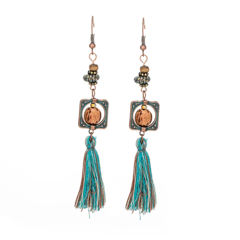 2019 Boho винтажные длинные серьги с бахромой этнические богемные зеленые