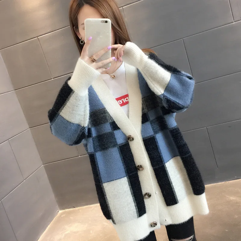 Imitation Mink Wool Sweater Coat Ladies Long Autumn and Winter New Loose Plaid Padded Knit Cardigan Women Sweaters - Color: 2