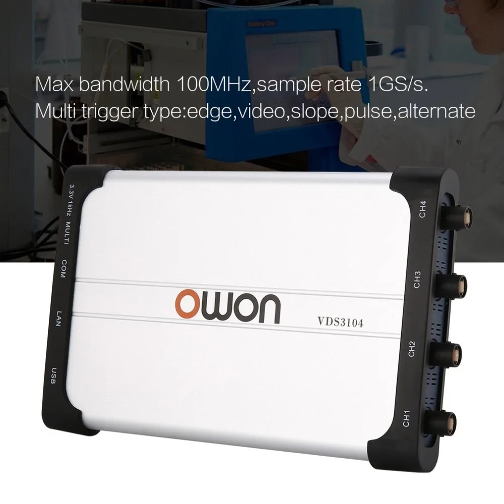 

Owon VDS3104L Oscilloscope Portable 100MHz 4+1 Channels Record USB Storage Waveform Generator Multimeter Spectrum