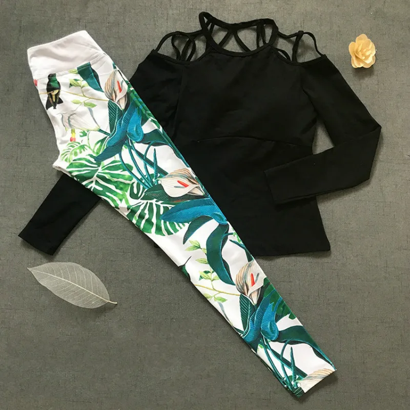 

Colorvalue Sexy Printed Sport Set Women Off-shoulder Slim Yoga Shirt with Padded Stretchy Fitness Leggings Workout Yoga Clothes