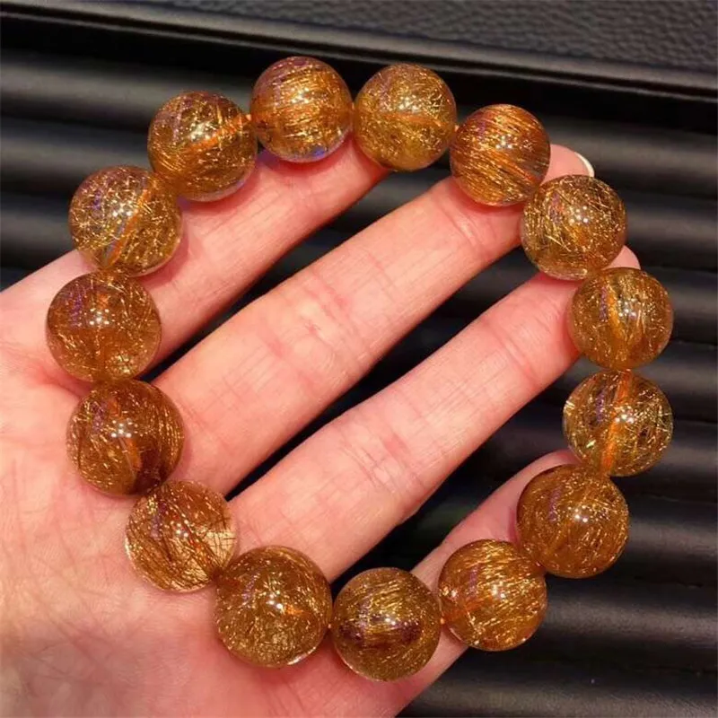 

14.5mm Genuine Natural Copper Rutilated Quartz Crystal Bracelet Round Beads Woman Lady Gift Gemstone Bracelets AAAAA