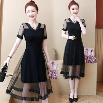 

womens woman ladies 2019 summer sexy black mesh big plus size L-5XL XXL XXXL 3XL XXXXL 4XL slim Casual A-Line Swing party dress