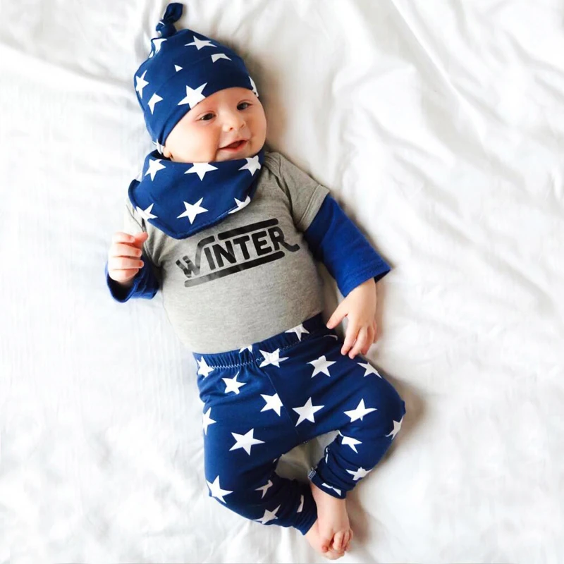 

Hot Long Sleeve Baby Boy Clothing suit Children Clothing Set Newborn Baby Clothes Cotton Stars Outfit Hat+Bib+T-shirt+Pants DS40
