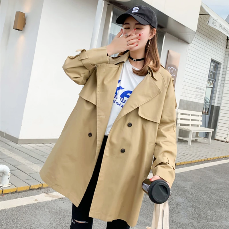

Women Autumn Coat 2019 Chic Turn Down Collar Loose Casual Trench Coats Black/Khaki Simple Mid Long Jacket Windbreaker Outwear XL