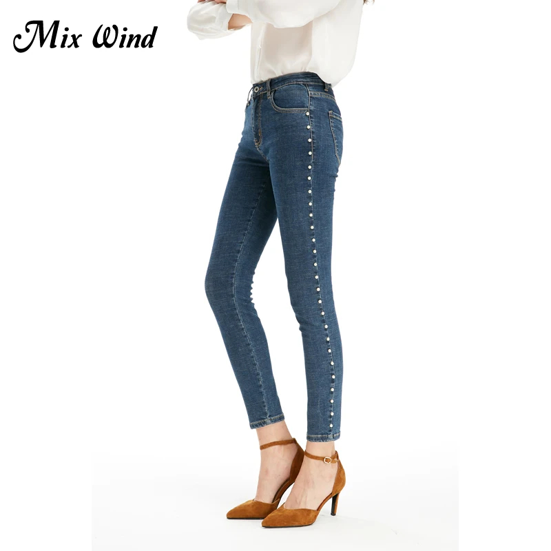 

Mix Wind Women Mid Waist Small Feet Jeans 2017 Embroidered Flares Female Casual Light Bule Pocket Pencil Pants Ankle-length pant