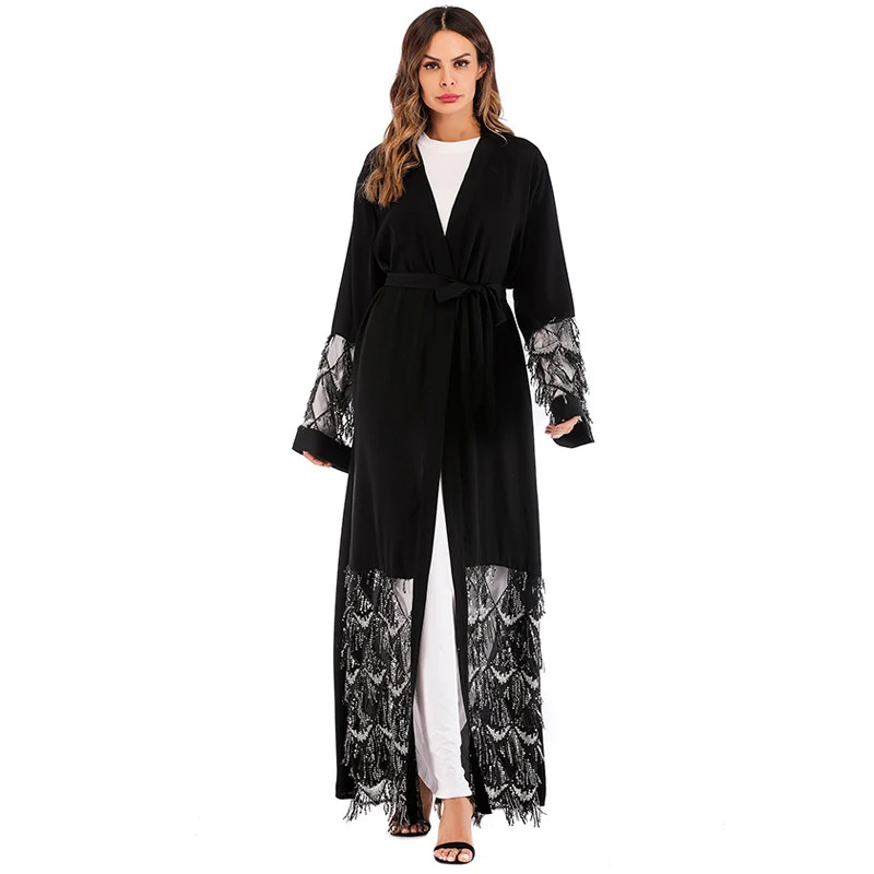 Черный Nida Abaya кафтан халат Дубай Арабский блестками мусульманский кардиган
