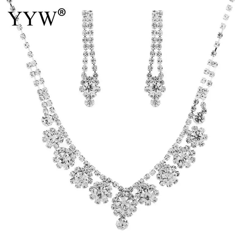 Новые Кристалл Свадебные Ювелирные наборы Rhinestone Свадебные украшения Аксессуары Серебряные Цвет Цепочки и ожерелья и серьги наборы для Для