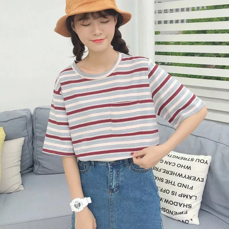 Футболка женская Повседневная хлопковая летняя корейский Стиль Camisas MUJER плюс размер XXL полосатая футболка с круглым вырезом Femme топ с коротким рукавом