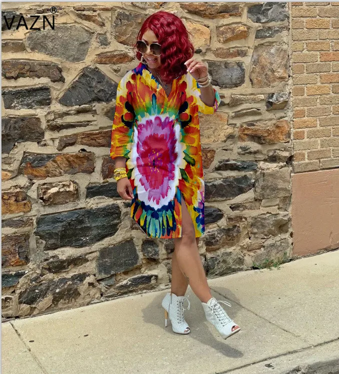

VAZN 2019 Top Quality New Design Casual Women Long Tees Retro Print Full Sleeve Chiffon High Streetwears Office Shirt YWJR0662