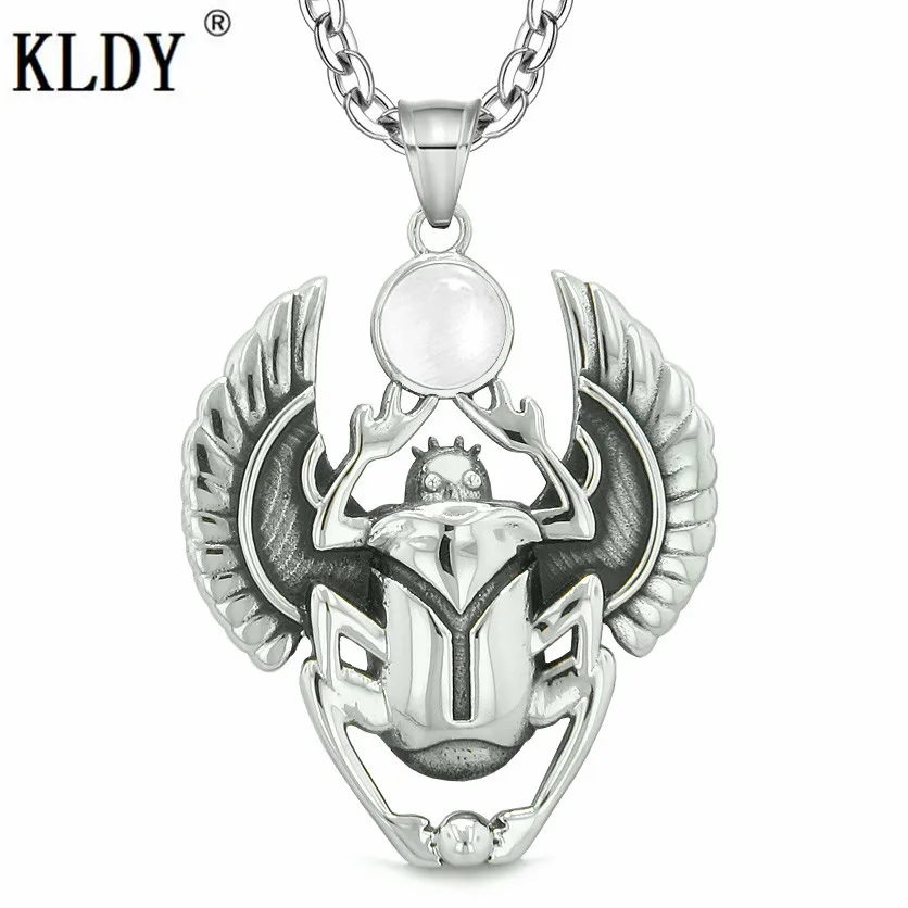 with chain KLDY амулет, подвеска, ожерелье, скарабей, белый, имитация кошачьих глаз, подвески, нержавеющая сталь, Панк Шарм, ювелирное изделие, 18 дюймов, ожерелье, уникальное - Окраска металла: with chain