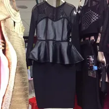 Top Quality Mesh Long Sleeve Hollow Out Leather Sexy Knee Length Bandage Dress Cocktail Party Dress