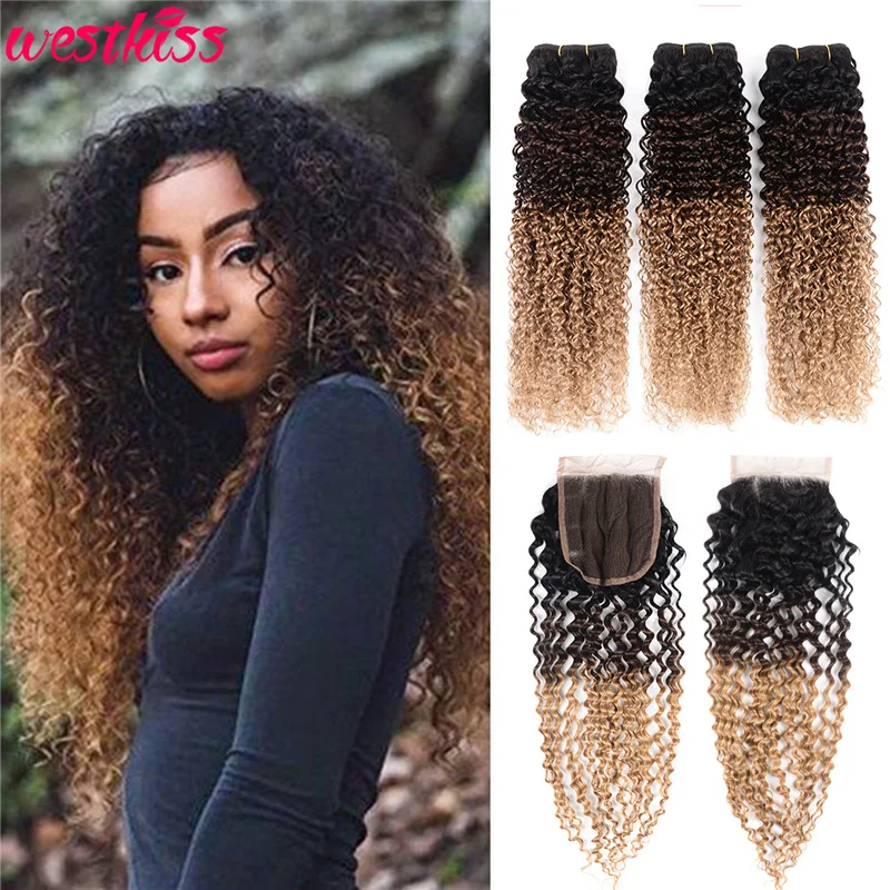 WestKissHair1B430OmbreBundlesWithClosure4x4PrepluckedHuman