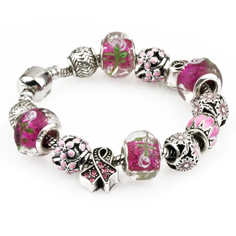 

European Style Pink Glass Beads Jewelry Fashion DIY Crystal Charm Bracelet Large Hole Beaded Women Original Christmas Gift