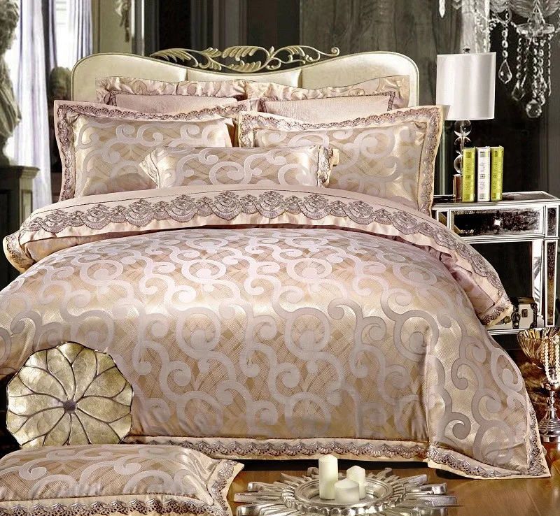 White Silver Color Jacquard Luxury Bedding sets 4/6 Pcs Queen/King size lace cotton Stain Bed set Bed linen Duvet cover pillow 136