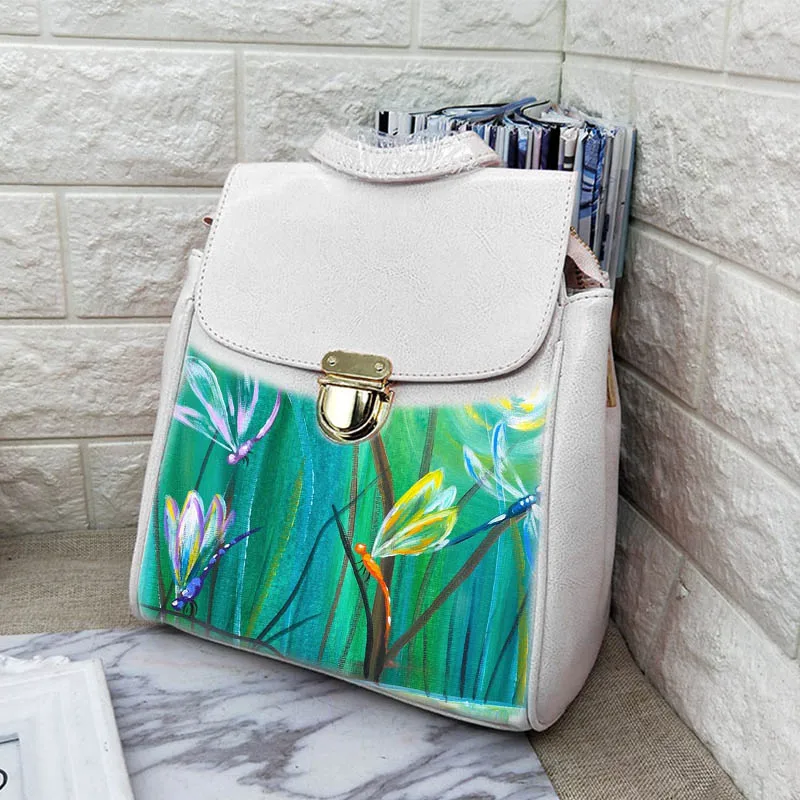 

Spring Art printing Women Genuine Leather Backpack Girls Double Shoulder Bags Designer School Backpacks For Girl Travel Totes