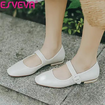 

ESVEVA 2019 Women Western Style Flat Shoes Spring Autumn Square Toe Buckle Shallow Miss Shoes Shallow Comfortable Shoes 34-39