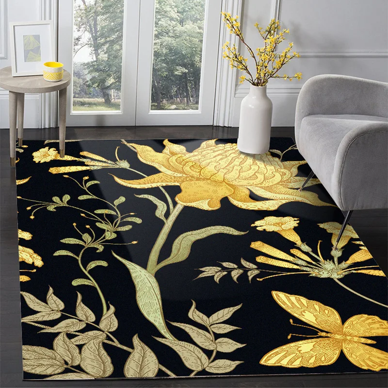 American pastoral retro Black yellow large floral bedroom living room doormat Bedside carpet plush non-slip floormat custom made