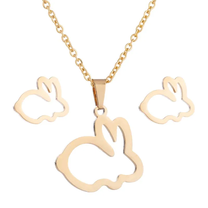 Hfarich Мода Кролик Дерево Микки крест молния кулон из сердца с цветами ожерелье из нержавеющей стали ожерелье, комплект украшений для женщин - Окраска металла: necklace set  053