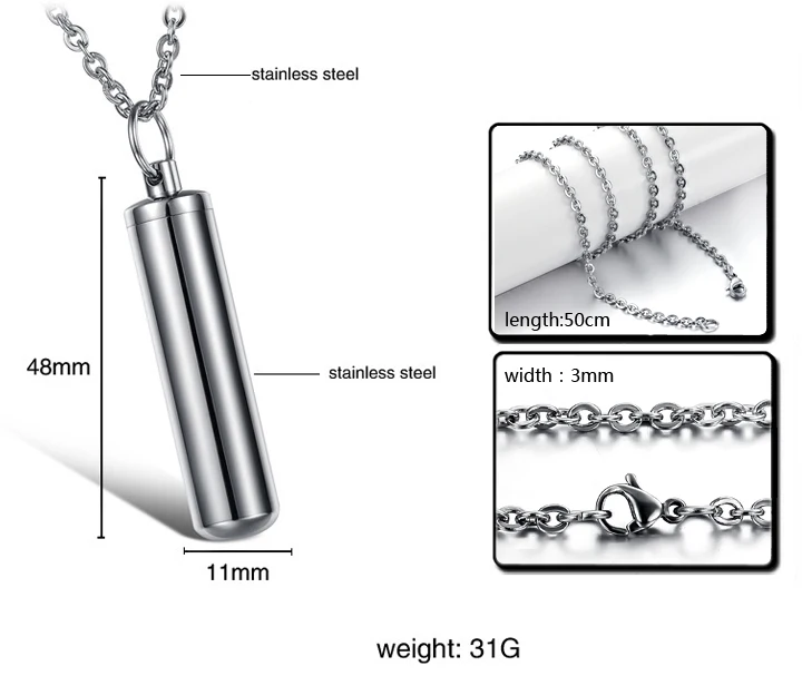 Держать секретный ящик цилиндрической формы кремации урна ожерелье из нержавеющей стали