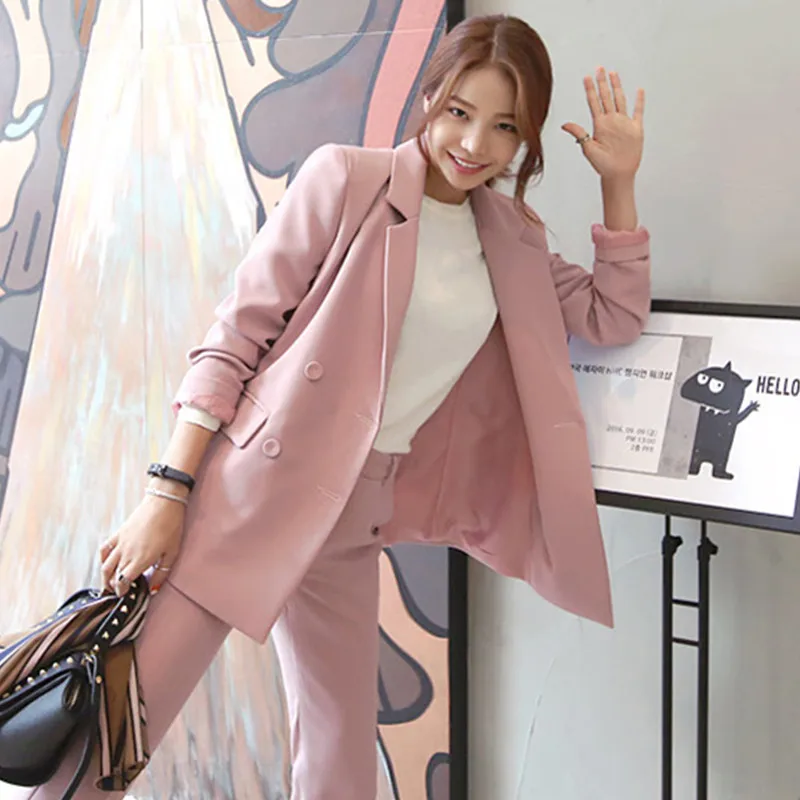 Осень 2017 г. Корейская версия небольшой розовый двубортный пиджак Женский Повседневный Костюм из нескольких предметов tb152