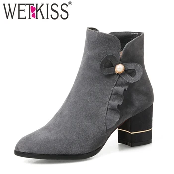 

WETKISS Cow Suede Ankle Boots Women Pointed Toe Boots Winter Fashion High Heels Ladies Shoes Butterfly Knot Short Plush Footwear