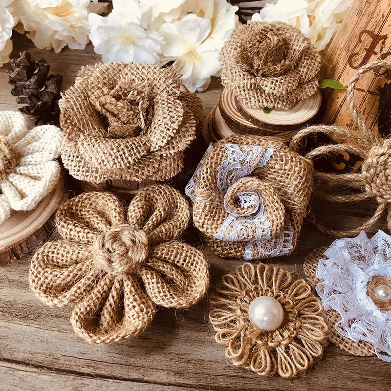 9 Pcs Vintage Natural Burlap Flowers Retro Handmade Jute Twine Burlap Flowers Bowknot Rustic Burlap Lace Rose for Home DIY Craft Wedding Party Decoration-3.15 Inch