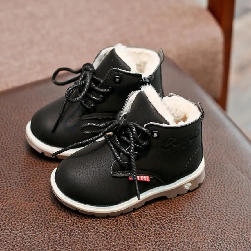 Водонепроницаемая детская зимняя обувь для девочек, зимние сапоги для мальчиков, Детские брендовые плюшевые мягкие детские сапоги на плоской резиновой подошве - Цвет: Черный