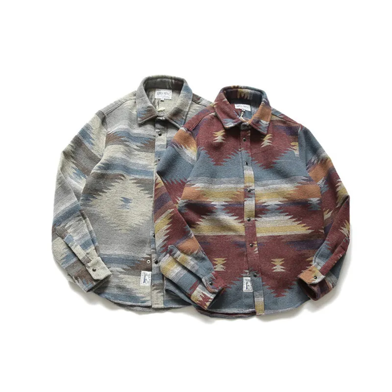 

Flannel Shirts Folk-custom Shirts for Men Vintage Woolen Leisure Pattern Dress Casual Shirt Men Japanese Streetwear Shirts