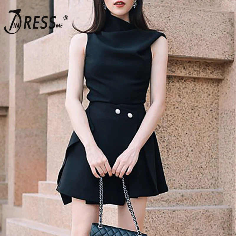 

INDRESSME 2019 New Stylish Sleeveless Crop Top With Mini Skirt Irregular Hem Pearl Fashion Party Women Clothing Two-piece Set
