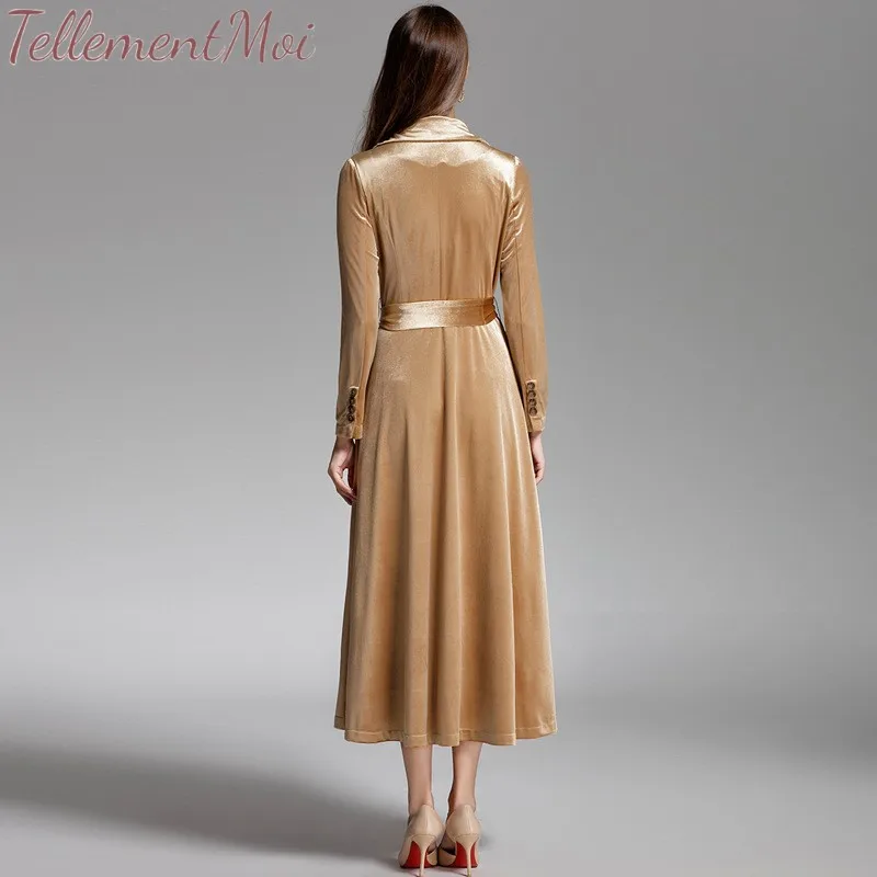 Women Long Trench Coat with Belt Female Velvet Gold Long Elegant Office Ladies Long Sleeve Double Breasted Blazer Dresses